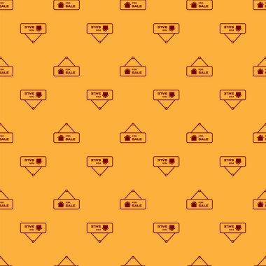 Metin Satılık simgesi ile Kırmızı Asılı işareti kahverengi arka plan üzerinde sorunsuz desen izole. Satılık metin li tabela. Vektör İllüstrasyonu