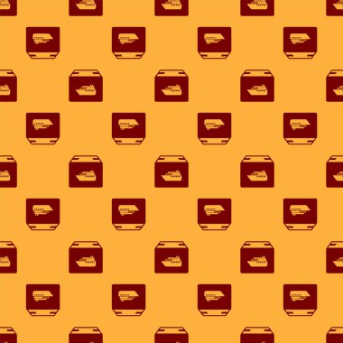 Kutular teslimat hizmet simgesi ile Kırmızı Kargo gemi kahverengi arka plan üzerinde sorunsuz desen izole. Teslimat, nakliye. Koliler, kutular, mallar olan şilep. Vektör İllüstrasyonu