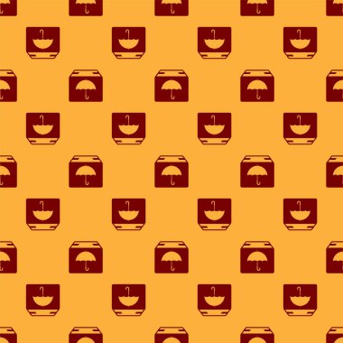 Şemsiye sembol simgesi ile Kırmızı Teslimat paketi kahverengi arka plan üzerinde izole dikişsiz desen. Şemsiye tabelalı paket karton kutu. Lojistik ve teslimat. Vektör İllüstrasyonu