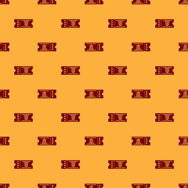 Kırmızı Müze bilet simgesi kahverengi arka plan üzerinde dikişsiz desen izole. Tarih müzesi bilet kupon olay sergi gezi itiraf. Vektör İllüstrasyonu