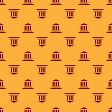 Kırmızı Müze bina simgesi kahverengi arka plan üzerinde dikişsiz desen izole. Vektör İllüstrasyonu