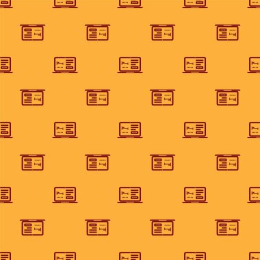 Red Online otel rezervasyon simgesi kahverengi arka plan üzerinde dikişsiz desen izole. Dizüstü bilgisayar için online rezervasyon tasarım konsepti. Vektör İllüstrasyonu