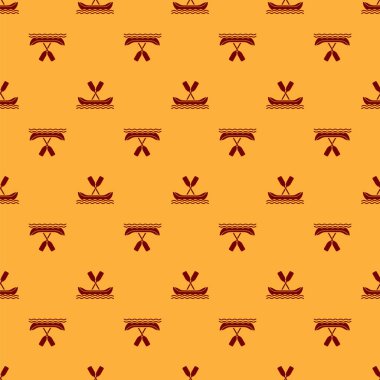 Kırmızı Rafting tekne simgesi kahverengi arka plan üzerinde dikişsiz desen izole. Kürekli kayak. Su sporları, ekstrem sporlar, tatil, tatil, takım kurma. Vektör İllüstrasyonu