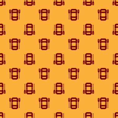 Kırmızı Rafting tekne simgesi kahverengi arka plan üzerinde dikişsiz desen izole. Kürekli şişme bot. Su sporları, ekstrem sporlar, tatil, tatil, takım kurma. Vektör İllüstrasyonu