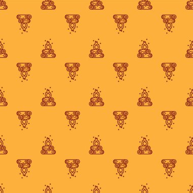 Kızıl Kamp Ateşi simgesi kahverengi arka planda izole edilmiş. Odunla yanan şenlik ateşi. Vektör İllüstrasyonu