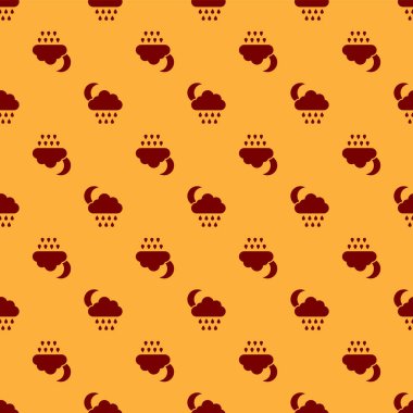 Yağmur ve ay simgesi ile Kırmızı Bulut kahverengi arka plan üzerinde dikişsiz desen izole. Yağmur damlaları ile yağmur bulutu yağış. Vektör İllüstrasyonu