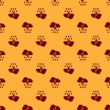 Yağmur ve şimşek simgesi ile Kırmızı Bulut kahverengi arka plan üzerinde sorunsuz desen izole. Yağmur damlaları ile yağmur bulutu yağış. Fırtınanın hava ikonu. Vektör İllüstrasyonu