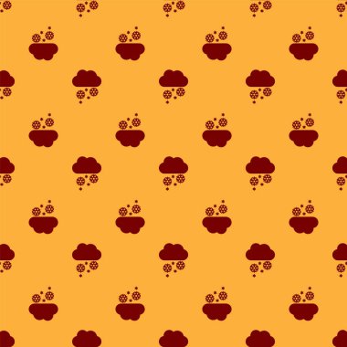 Kar ikonuna sahip kırmızı bulut kahverengi arka planda pürüzsüz bir desen izole etti. Kar taneli bulut. Tek hava ikonu. Kar tabelası. Vektör İllüstrasyonu