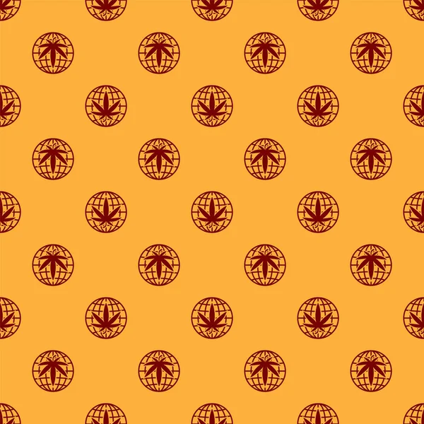 Röd Legalisera marijuana eller cannabis glob symbol ikon isolerad sömlös mönster på brun bakgrund. Hampa symbol. Vektor Illustration — Stock vektor