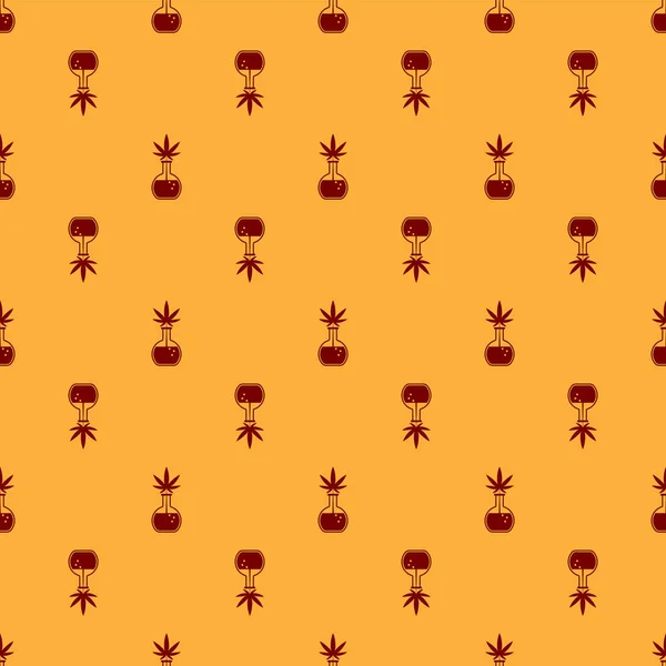 Röd kemisk provrör med marijuana eller cannabis Leaf Icon isolerade sömlösa mönster på brun bakgrund. Forskningskoncept. Laboratorium CBD olja koncept. Vektor illustration — Stock vektor