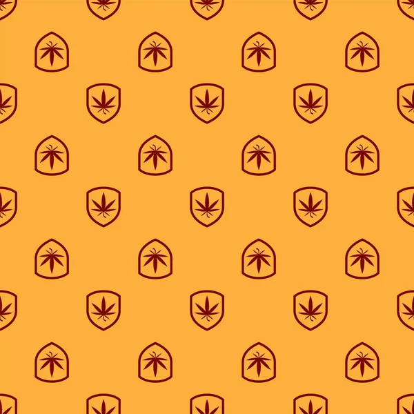 Röda skölden och marijuana eller cannabis blad ikonen isolerade sömlösa mönster på brun bakgrund. Marijuana legalisering. Hampa symbol. Vektor Illustration — Stock vektor
