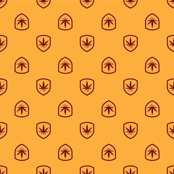 Bouclier rouge et l'icône de la marijuana ou de la feuille de cannabis isolé motif sans couture sur fond brun. Légalisation de la marijuana. Symbole de chanvre. Illustration vectorielle — Image vectorielle