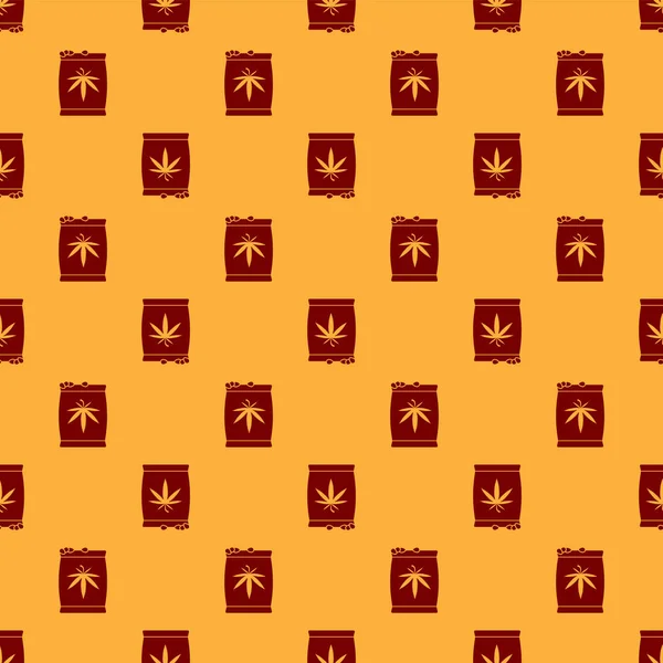 Röd marijuana eller cannabis frön i en påse ikon isolerade sömlösa mönster på brun bakgrund. Hampa symbol. Processen att plantera marijuana. Vektor illustration — Stock vektor