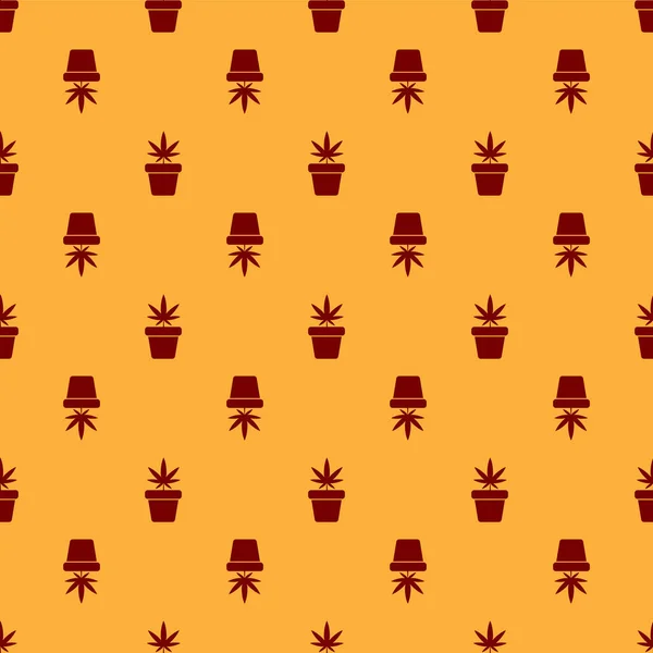 Esrar ikonundaki kırmızı tıbbi marihuana veya kenevir bitkisi kahverengi arka planda izole edilmiş pürüzsüz desen. Esrar yetiştirme konsepti. Kenevir saksısı. Vektör İllüstrasyonu — Stok Vektör