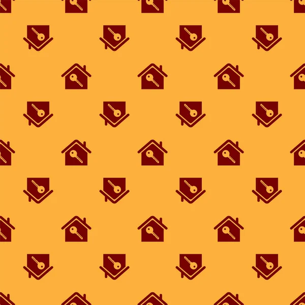 Casa Roja con icono clave aislado patrón sin costuras sobre fondo marrón. El concepto de llave en mano de la casa. Ilustración vectorial — Archivo Imágenes Vectoriales