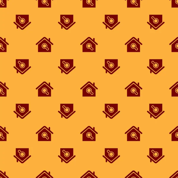 Rotes Suchhaus-Symbol isoliert nahtlose Muster auf braunem Hintergrund. Immobiliensymbol eines Hauses unter der Lupe. Vektorillustration — Stockvektor