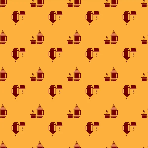 Rote Thermoskanne Symbol isoliert nahtlose Muster auf braunem Hintergrund. Thermoflaschensymbol. Zelt- und Wanderausrüstung. Vektorillustration — Stockvektor
