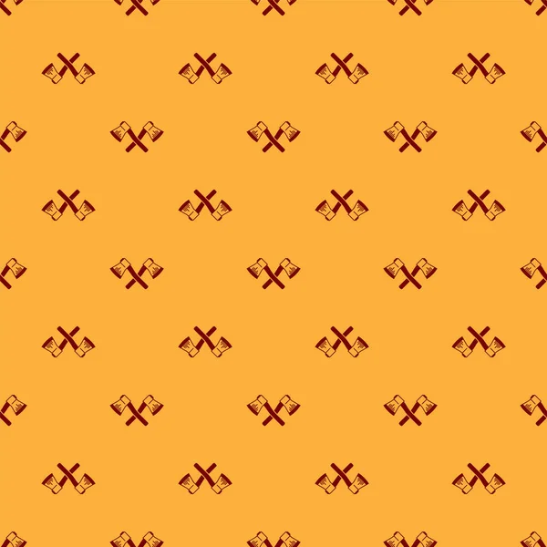 Rot gekreuzte hölzerne Axt Symbol isoliert nahtlose Muster auf braunem Hintergrund. Holzfällerbeil. Vektorillustration — Stockvektor