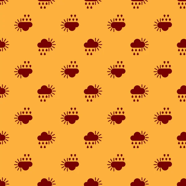 Red Cloudy with rain and sun icon isolated seamless pattern on brown background. Rain cloud precipitation with rain drops. Vector Illustration — Stock Vector