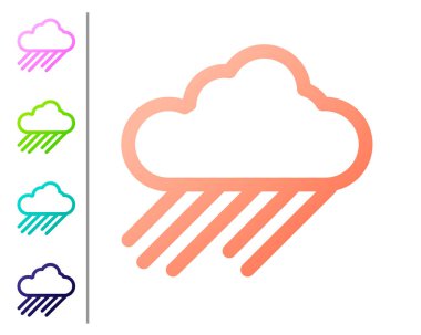 Beyaz arka planda izole edilmiş yağmur ikonu olan mercan bulutu. Yağmur damlaları ile yağmur bulutu yağışı. Renk simgelerini ayarla. Vektör İllüstrasyonu