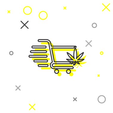 Beyaz arka plan üzerinde izole esrar veya esrar yaprak simgesi ile Gri çizgi Alışveriş sepeti. Online satın alma. Teslimat hizmeti. Süpermarket sepeti. Vektör İllüstrasyonu