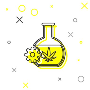 Beyaz arka plan üzerinde izole esrar veya esrar yaprağı simgesi ile Gri çizgi Kimyasal test tüpü. Araştırma konsepti. Laboratuvar Cbd yağ konsepti. Vektör İllüstrasyonu