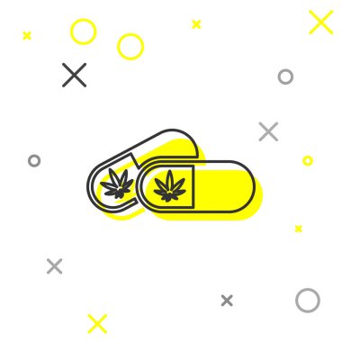 Beyaz arka planda marihuana veya kenevir yaprağı ikonu bulunan gri çizgi tıbbi haplar. Kavanozlardaki kenevir yağı özlerini taklit et. Vektör İllüstrasyonu