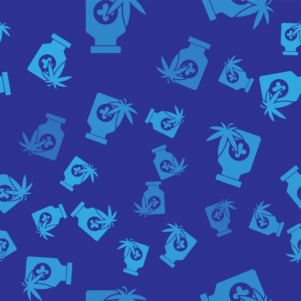Flacon médical bleu avec icône de marijuana ou de feuille de cannabis isolé motif sans couture sur fond bleu. Maquette d'extraits d'huile de cannabis dans des pots. Illustration vectorielle — Image vectorielle