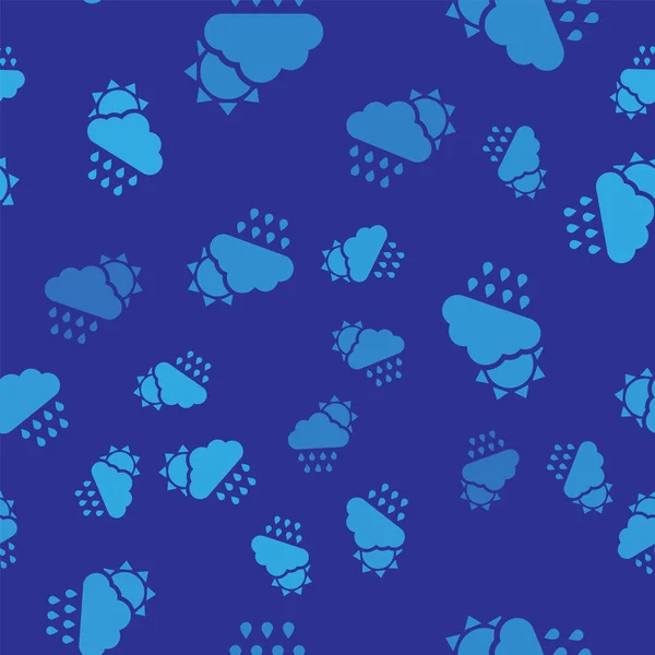 Nube azul con el icono de lluvia y sol aislado patrón sin costuras sobre fondo azul. precipitación de nubes de lluvia con gotas de lluvia. Ilustración vectorial — Vector de stock