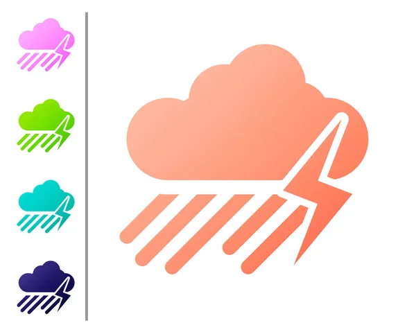 Nuvola di corallo con pioggia e icona del fulmine isolato su sfondo bianco. Pioggia precipitazioni nuvolose con gocce di pioggia.Meteo icona della tempesta. Imposta icone a colori. Illustrazione vettoriale — Vettoriale Stock