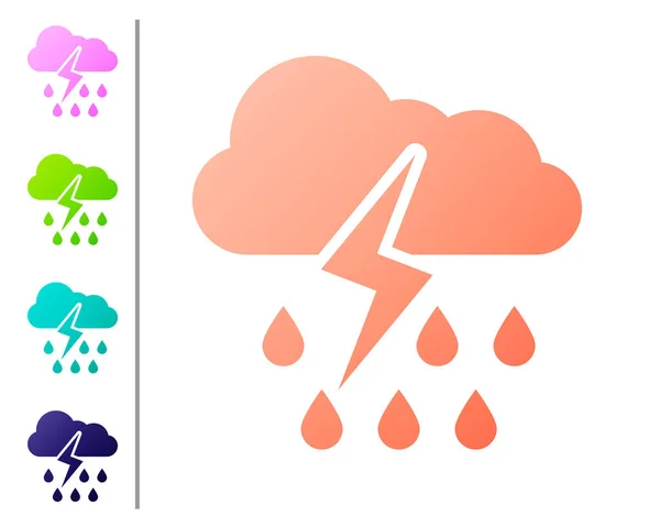 Coral Nuvem com chuva e ícone de relâmpago isolado no fundo branco. Chuva precipitação nuvem com gotas de chuva.Ícone do tempo de tempestade. Definir ícones de cor. Ilustração vetorial — Vetor de Stock