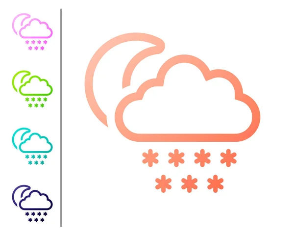 Coral Cloud with snow and moon icon isolated on white background. Cloud with snowflakes. Single weather icon. Snowing sign. Set color icons. Vector Illustration — Stock Vector