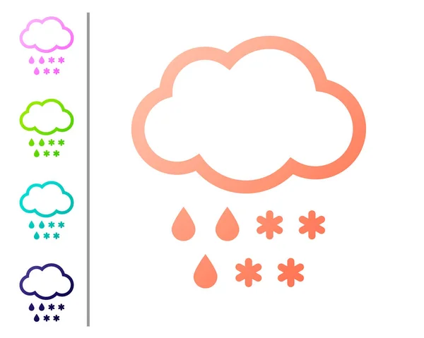 珊瑚云与雪和雨图标隔离在白色背景。天气图标。设置颜色图标。矢量插图 — 图库矢量图片