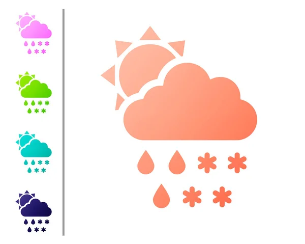 Coral Cloud with snow and rain icon isolated on white background. Weather icon. Set color icons. Vector Illustration — Stock Vector