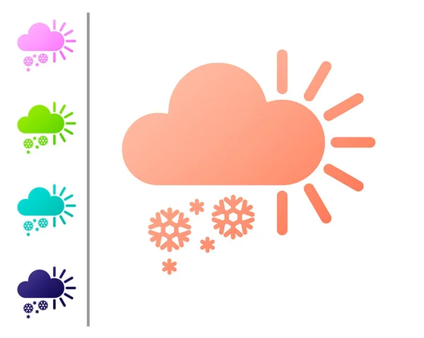 珊瑚多云与雪图标隔离在白色背景。云与雪花。单一天气图标。下雪标志。设置颜色图标。矢量插图 — 图库矢量图片