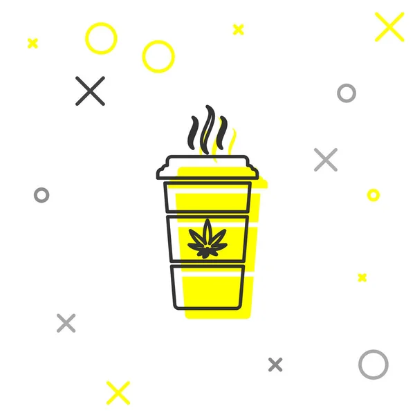Šedá linka Cup káva s marihuanou nebo konopní listovou ikonou izolovaná na bílém pozadí. Legalizace marihuany. Symbol konopí. Vektorová ilustrace — Stockový vektor
