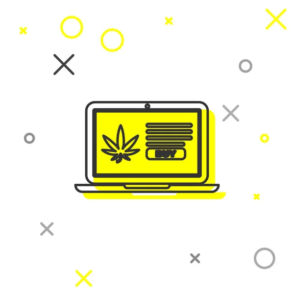 Linha cinza Laptop e maconha medicinal ou ícone de folha de cannabis isolado no fundo branco. Símbolo de compra online. Cesta de supermercado. Ilustração vetorial — Vetor de Stock
