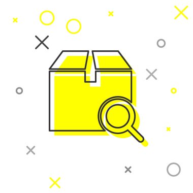 Gri çizgi Arama paketi simgesi beyaz arka planda yalıtılmış. Parsel izleme sembolü. Büyüteç ve karton kutu. Lojistik ve teslimat. Vektör İllüstrasyonu