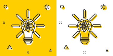 Siyah Ampul içinde dişli ve dolar sembolü simgesi sarı ve beyaz arka plan izole ile. Fintech yenilik konsepti. Rastgele dinamik şekiller. Vektör İllüstrasyonu