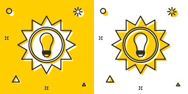 Siyah Güneş enerji paneli simgesi sarı ve beyaz arka plan izole. Güneş ve ampul. Rastgele dinamik şekiller. Vektör İllüstrasyonu