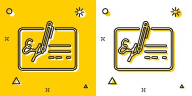 Siyah Imzalı belge satırı simgesi sarı ve beyaz arka planda yalıtılmış. Kalem imza ile bir sözleşme imzalıyor. Belge işaretini edin. Rastgele dinamik şekiller. Vektör İllüstrasyonu