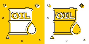 Siyah Petrol varil simgesi sarı ve beyaz arka plan izole. Yağ varil konteyner. Bilgi grafikleri, yakıt, endüstri, güç, ekoloji için. Rastgele dinamik şekiller. Vektör İllüstrasyonu
