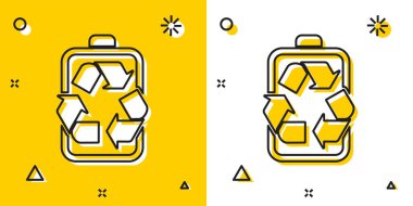 Sarı ve beyaz arka planda yalıtılmış geri dönüşüm sembolü simgesine sahip Siyah Pil. Geri dönüşüm sembolü ile Pil - yenilenebilir enerji kavramı. Rastgele dinamik şekiller. Vektör İllüstrasyonu