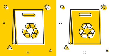 Siyah Kağıt alışveriş çantası geri dönüşüm simgesi sarı ve beyaz arka plan üzerinde izole. Geri dönüşüm sembolü ile çanta. Rastgele dinamik şekiller. Vektör İllüstrasyonu