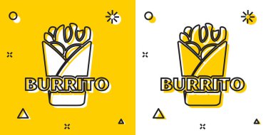 Siyah Burrito simgesi sarı ve beyaz arka plan üzerinde izole. Geleneksel Meksika fast food'u. Rastgele dinamik şekiller. Vektör İllüstrasyonu