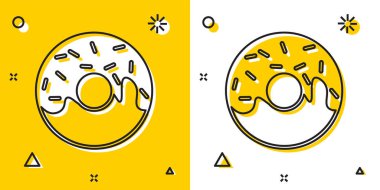 Siyah Donut sarı ve beyaz arka plan izole tatlı sır simgesi ile. Rastgele dinamik şekiller. Vektör İllüstrasyonu