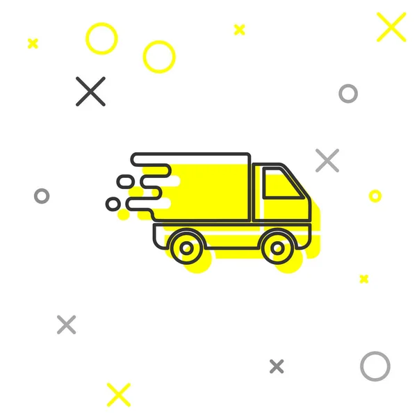 Linha cinza Entrega caminhão no ícone de movimento isolado no fundo branco. Transporte rápido caminhão de entrega. Ilustração vetorial — Vetor de Stock