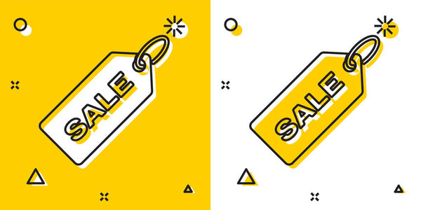 Черный ценник с надписью Продажа значок изолирован на желтом и белом фоне. Значок по цене. Акция скидка. Случайные динамические формы. Векторная миграция
