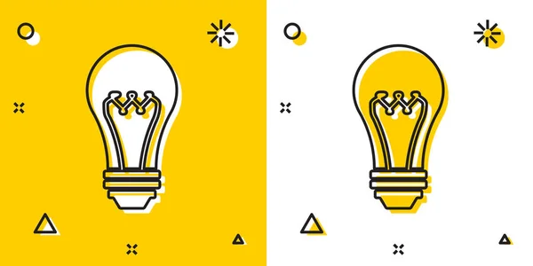 Black Light bulb icon isolated on yellow and white background. Energy and idea symbol. Lamp electric. Random dynamic shapes. Vector Illustration — Stock Vector