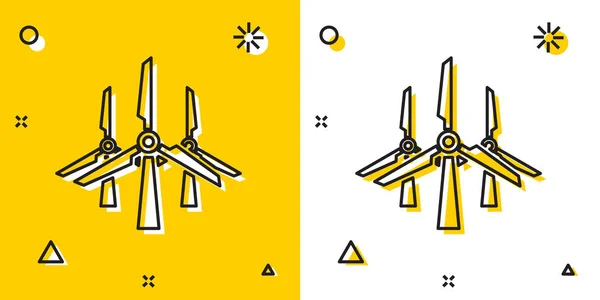 黄色と白の背景に分離された黒風タービンアイコン。風力発電機の標識。風車のシルエット。電力生産用風車。ランダムな動的シェイプ。ベクトルイラストレーション — ストックベクタ